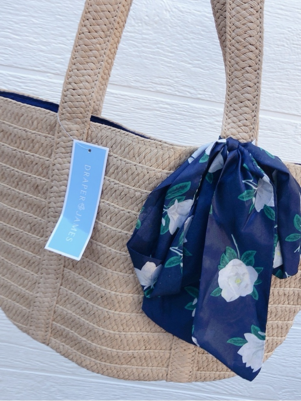Draper James Tan Braided Tote with Navy Floral Scarf Accent - Picture 2 of 2